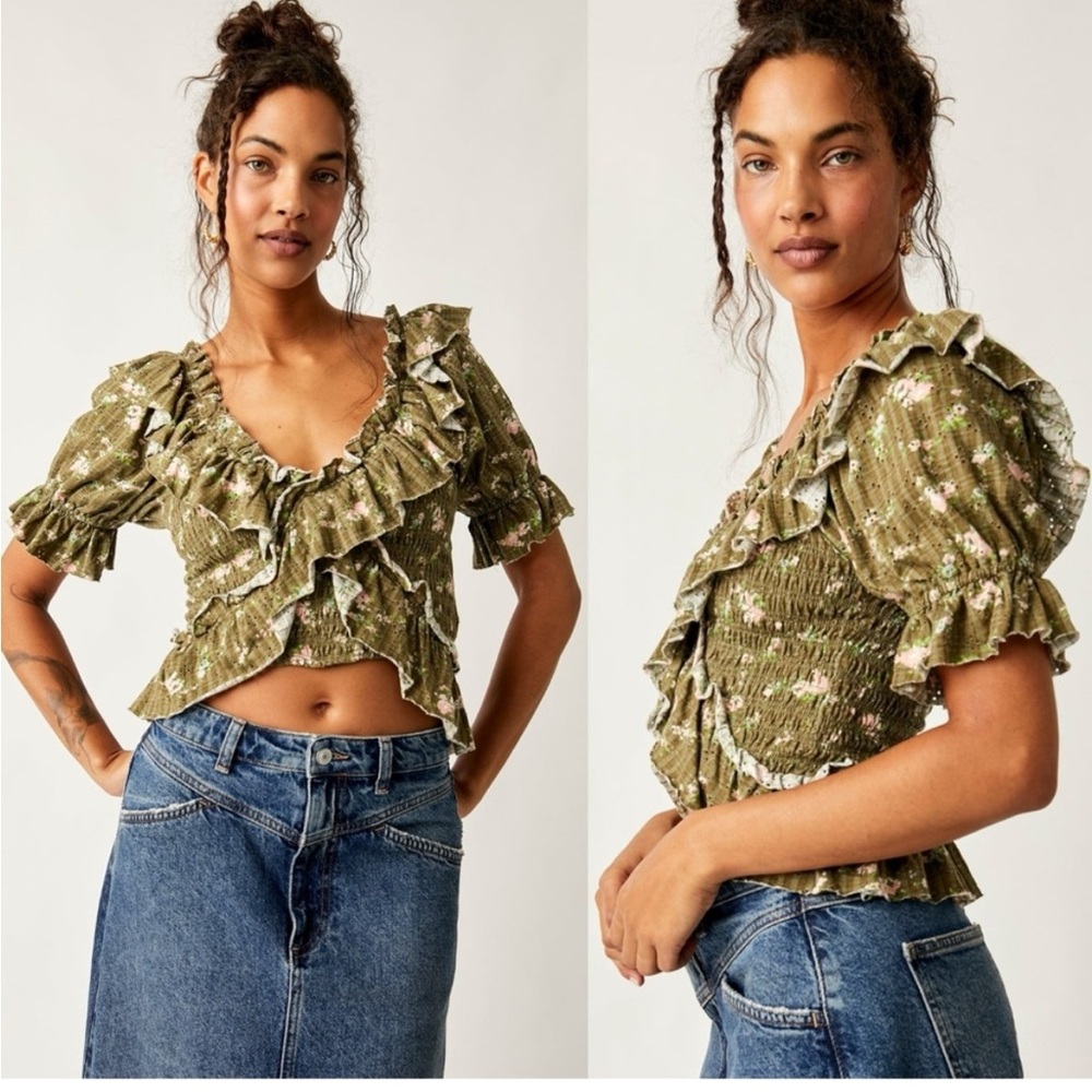 NWT Free People Favorite Girl Floral Print Ruffle Crop Top in Army Combo Smal